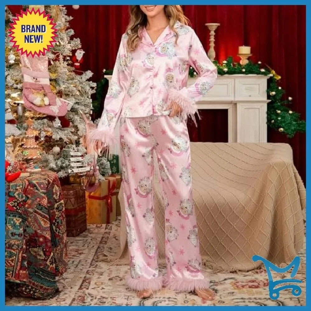 Women's Satin Pajama Set with Feather Trim Long Sleeve Button Top Pants